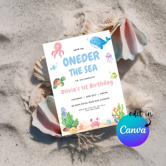 EDITABLE Oneder the Sea Birthday Invitation, 1st Birthday Invite, Ocean Animals, Beach aquarium Girl birthday, Printable, Instant Download