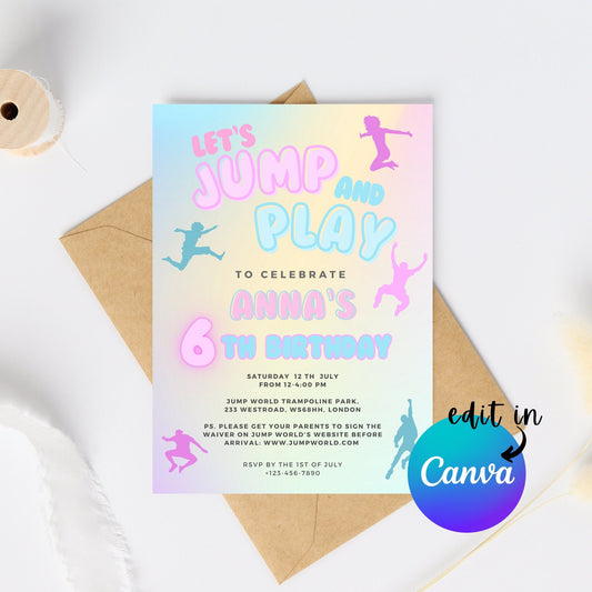 EDITABLE Let's Jump And Play Birthday Invitation, Jump Party, Jump Birthday, Trampoline Birthday, Girl Birthday invite, Instant Download