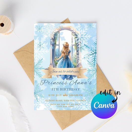 EDITABLE Winter Princess Birthday Invitation, Princess Birthday, Winter Birthday invite, Winter Invite, Blue princess girl Instant Download