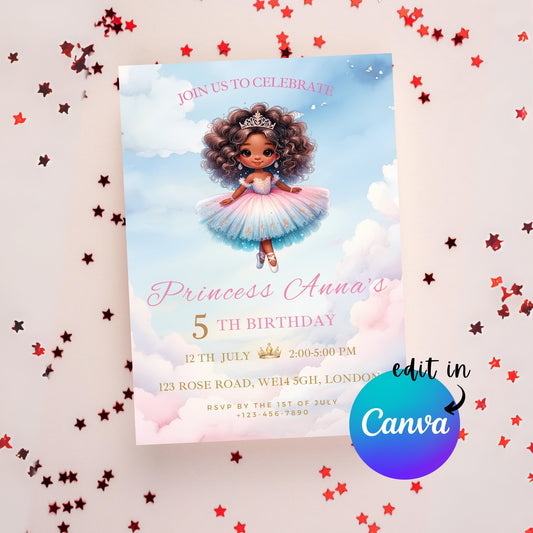 EDITABLE Princess Birthday Invitation, Princess Birthday, Princess Party, Girl birthday, Black Girl birthday Party, Afro, Instant Download
