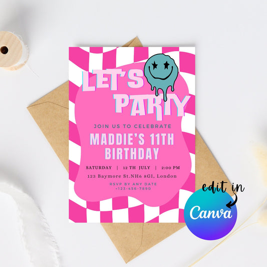 EDITABLE Girl Retro Themed Birthday Invitation, Smiley Invite, Smiley face invite, Girl Pink Checkered Birthday, Printable Instant Download