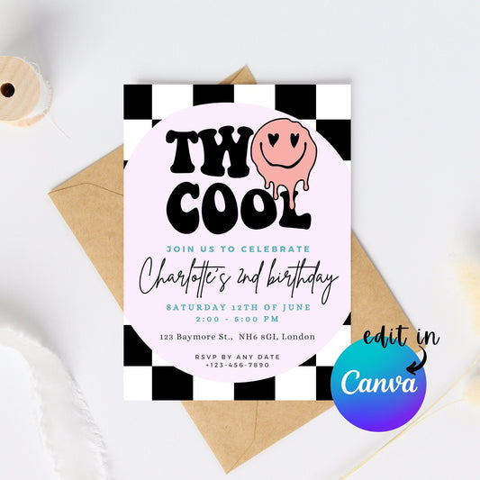 EDITABLE Two Cool Birthday Invitation, Girl 2nd Birthday Invite, Retro birthday, Girl second retro birthday party Printable Instant Download