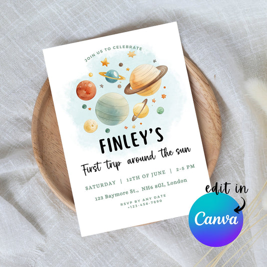 EDITABLE First Trip Around The Sun Birthday Invitation, Astronaut Invitation, Space 1st Birthday Invite Printable, Instant Download, I0001