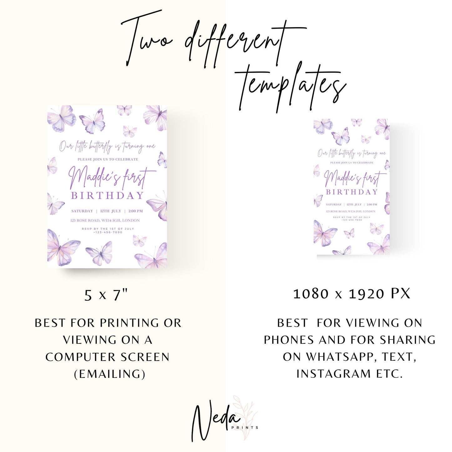 EDITABLE Purple Butterfly Birthday Invitation, 1st Birthday Invite, Butterfly Girl Birthday, Butterfly party, Printable Invitation Template