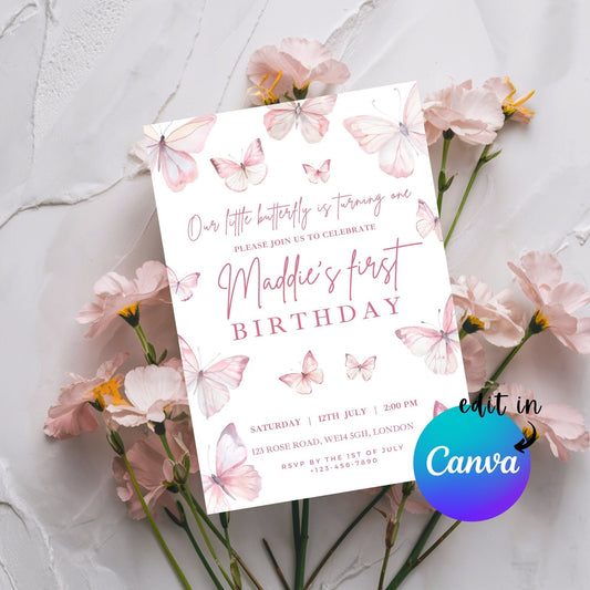 EDITABLE Pink Butterfly Birthday Invitation, 1st Birthday Invite, Butterfly Girl Birthday, Pastel butterflies, Printable Invitation Template
