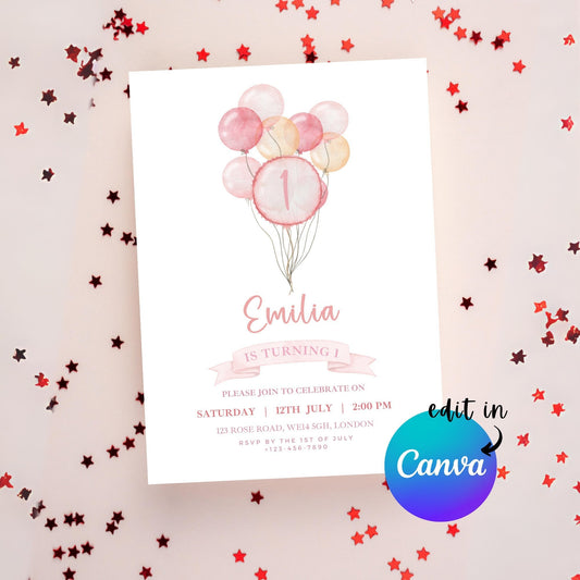EDITABLE Minimal First Pink Birthday Invitation, Minimal Girl 1st 2nd Birthday Invite, 1st birthday, Printable template, Instant Download
