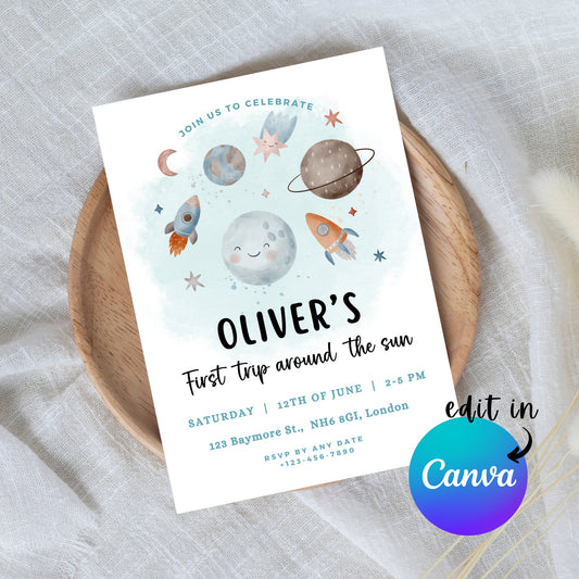 EDITABLE First Trip Around The Sun Birthday Invitation, Astronaut Invitation, Space 1st Birthday Invite Printable, Instant Download, I0003