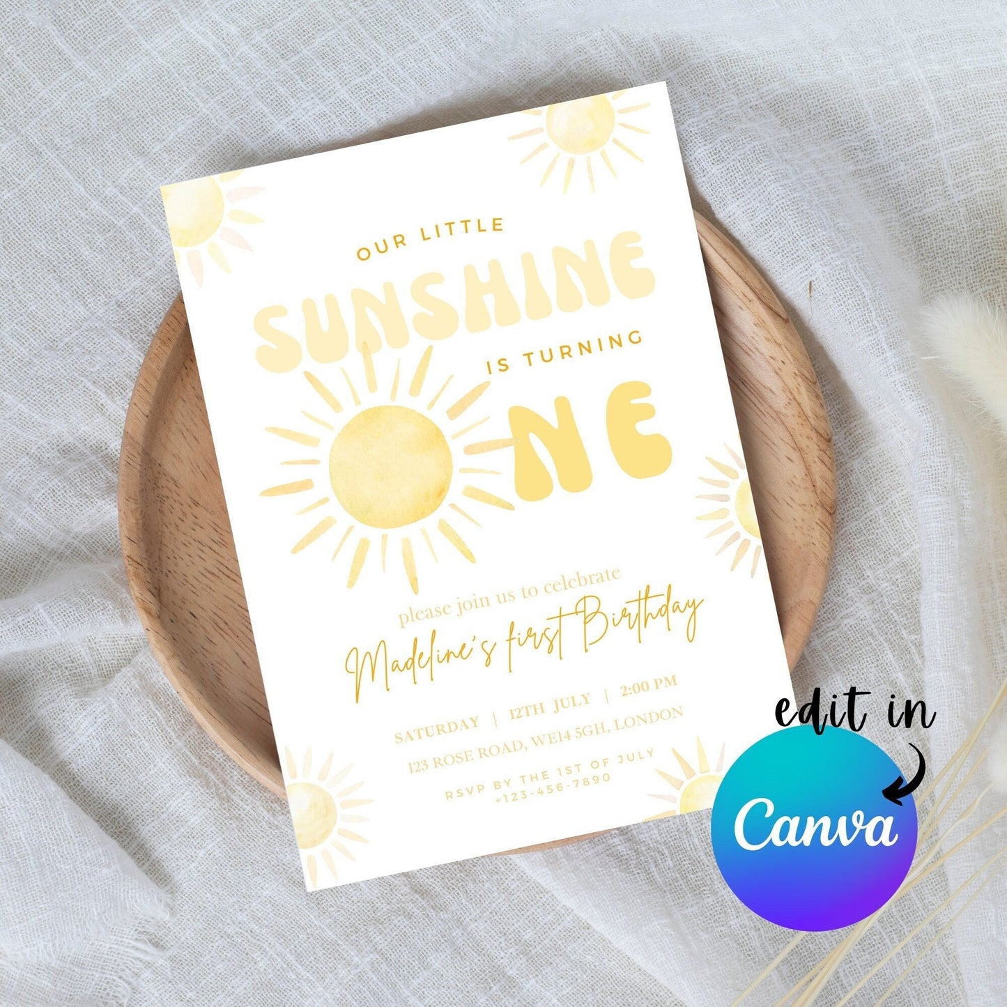 EDITABLE Sunshine Birthday Invitation, 1st Birthday Invite, Our Little sunshine, Sun Invitation, 1st Girl Birthday, Printable Template