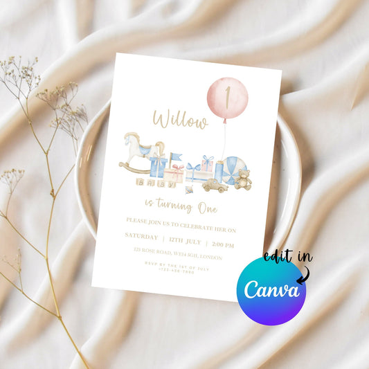 EDITABLE Minimal First Birthday Invitation, Minimal Girl 1st 2nd Birthday Invite, 1st birthday party, Printable template, Instant Download