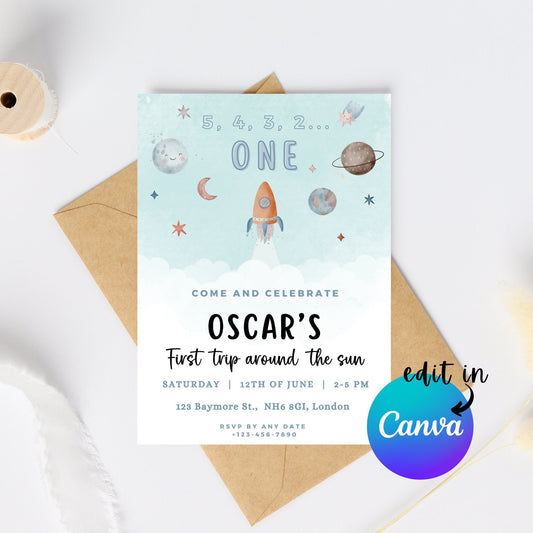 EDITABLE First Trip Around The Sun Birthday Invitation, Astronaut Invitation, Space 1st Birthday Invite Printable, Instant Download, I0005