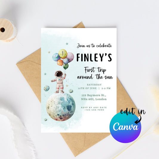 EDITABLE First Trip Around The Sun Birthday Invitation, Astronaut Invitation, Space 1st Birthday Invite Printable, Instant Download, I0002