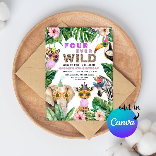 EDITABLE Four Ever Wild Birthday Invitation, 4th Birthday, Safari Birthday Invitation Jungle Birthday Invite Instant Template Download I0009