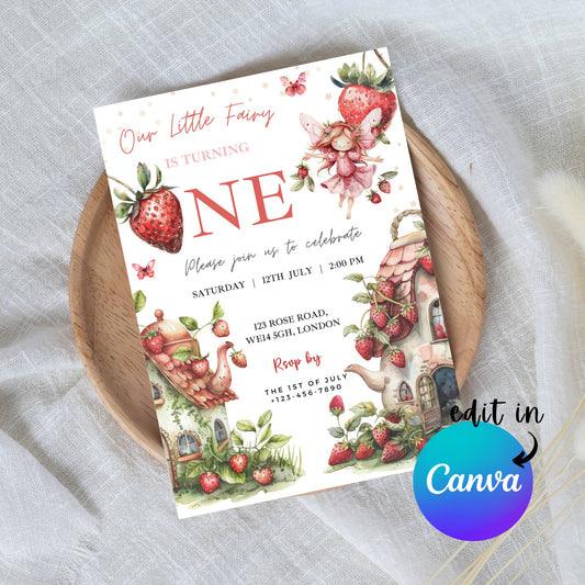 EDITABLE Fairy Strawberry Birthday Invitation, 1st Birthday, fairy invitation, Berry first birthday, Strawberry birthday, Instant Download