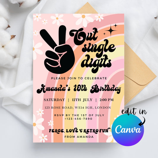EDITABLE Peace Out Single Digits Birthday Invitation, 10th Birthday Invitation, Groovy Hippie Party, Daisy invite, Template Instant Download