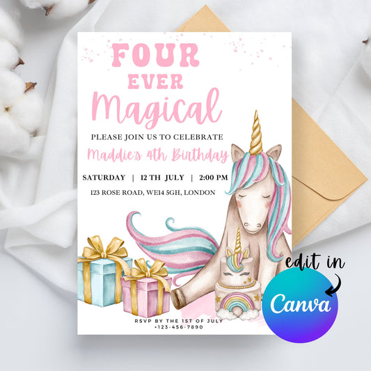 EDITABLE Four Ever Magical Unicorn Birthday Invitation, 4th Birthday Party, Unicorn Birthday Party, 4th birthday Invite Instant Download