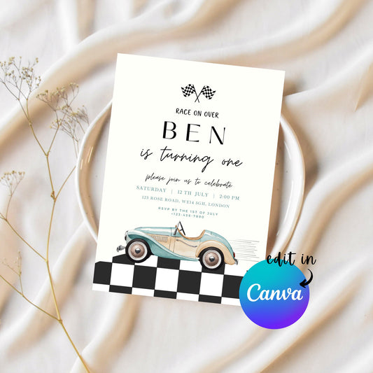 EDITABLE Retro Checkered Blue Race Car Birthday Invitation, 1st Race car birthday invite Fast one invitation First Birthday Instant Download