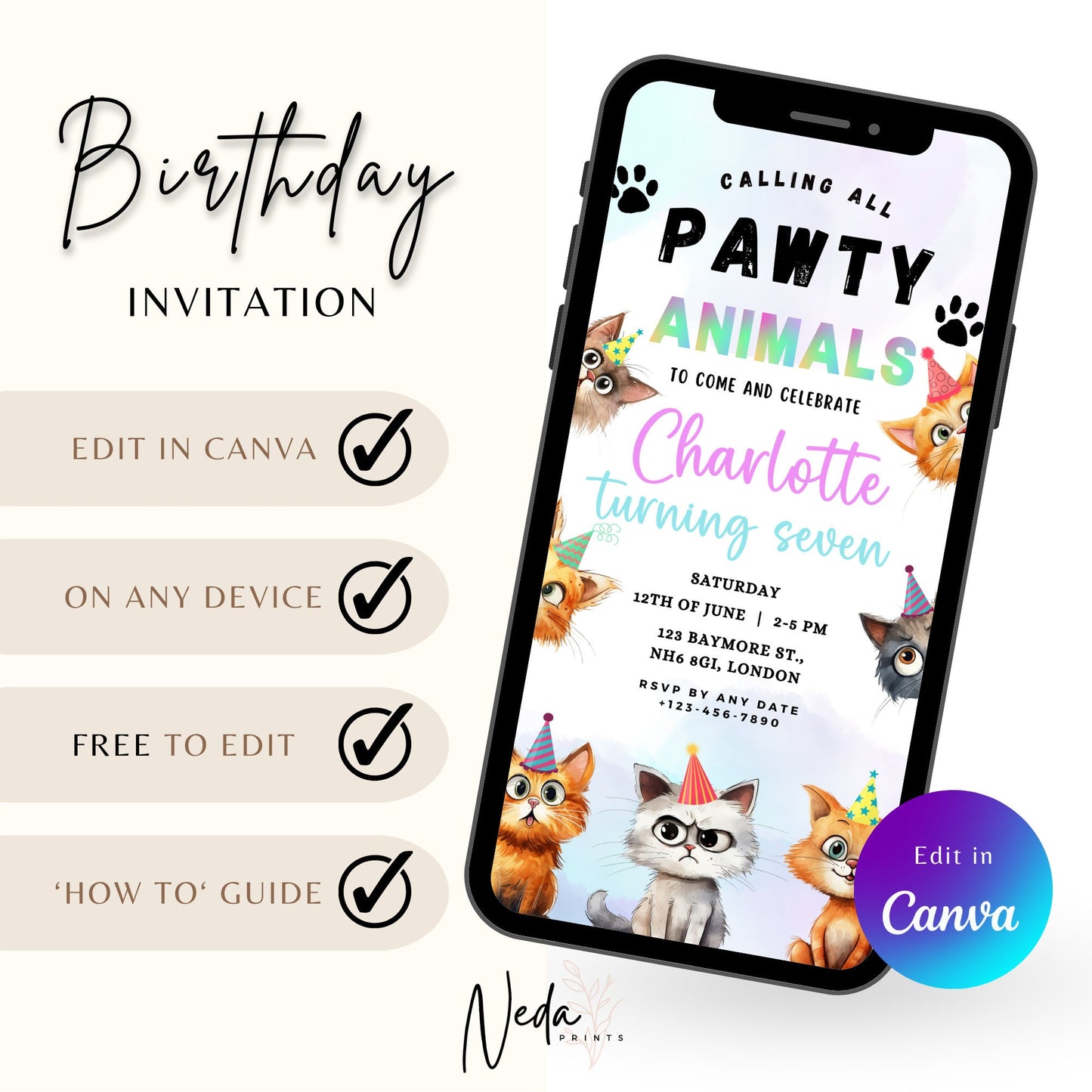 EDITABLE Pawty Animals Birthday Invitation, Cat Birthday Party, Kitten Party Invite, Cat Invitation, Kitty Cat Invite Instant Download I0016