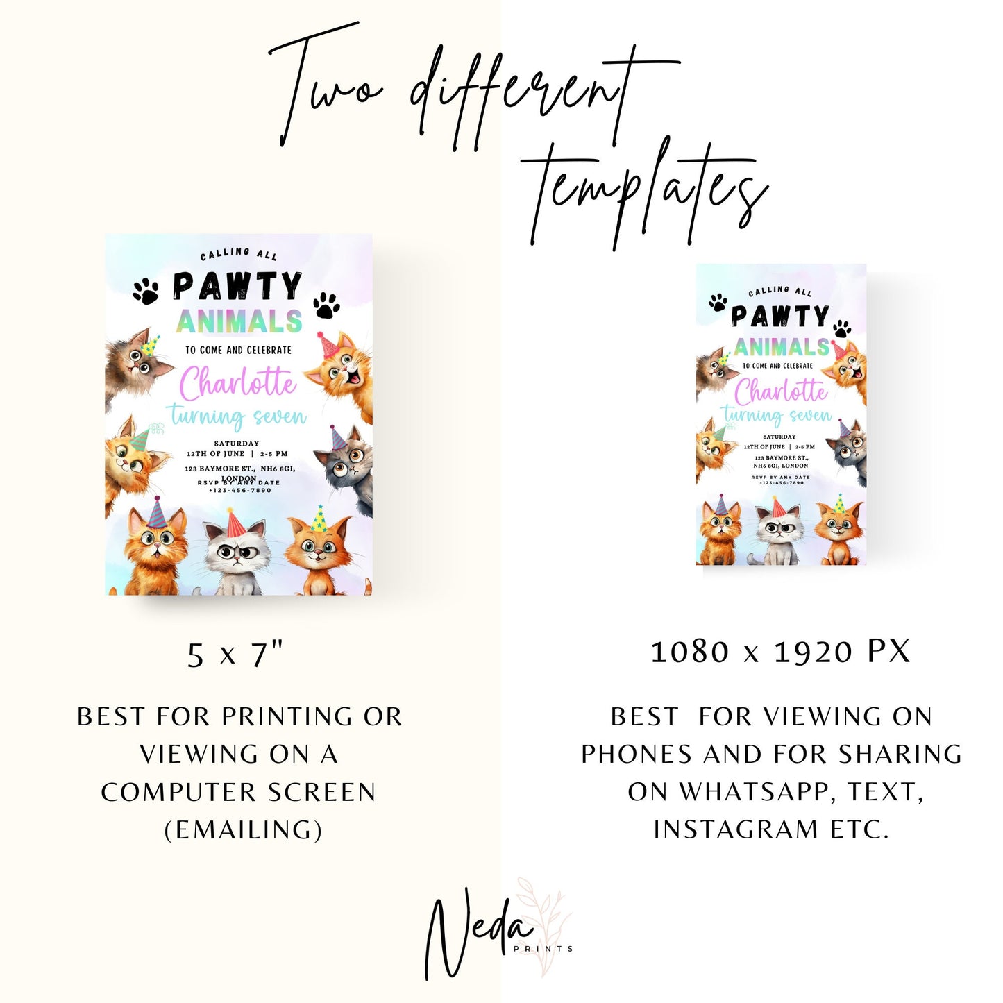 EDITABLE Pawty Animals Birthday Invitation, Cat Birthday Party, Kitten Party Invite, Cat Invitation, Kitty Cat Invite Instant Download I0016