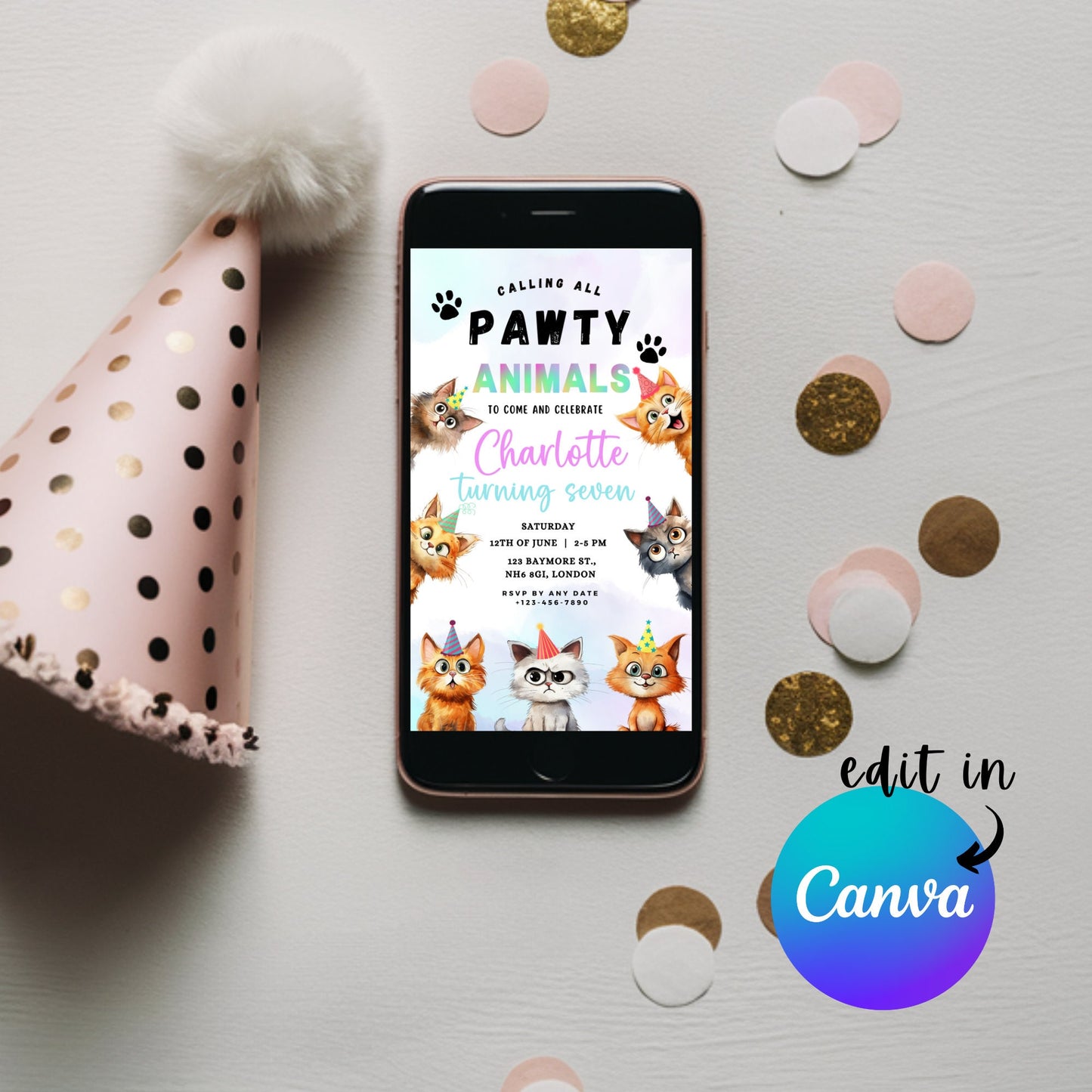 EDITABLE Pawty Animals Birthday Invitation, Cat Birthday Party, Kitten Party Invite, Cat Invitation, Kitty Cat Invite Instant Download I0016