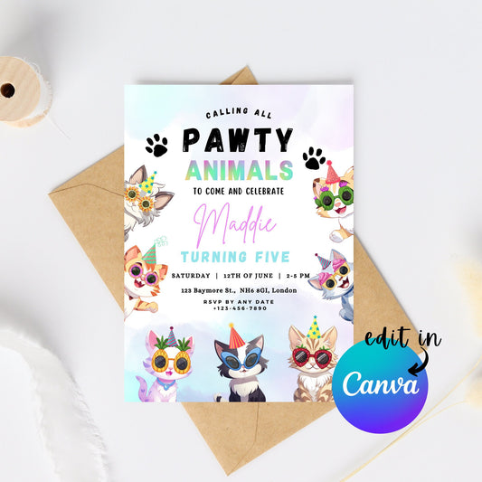 EDITABLE Pawty Animals Birthday Invitation, Cat Birthday Party, Kitten Party Invite, Cat Invitation, Kitty Cat Invite Instant Download I0015