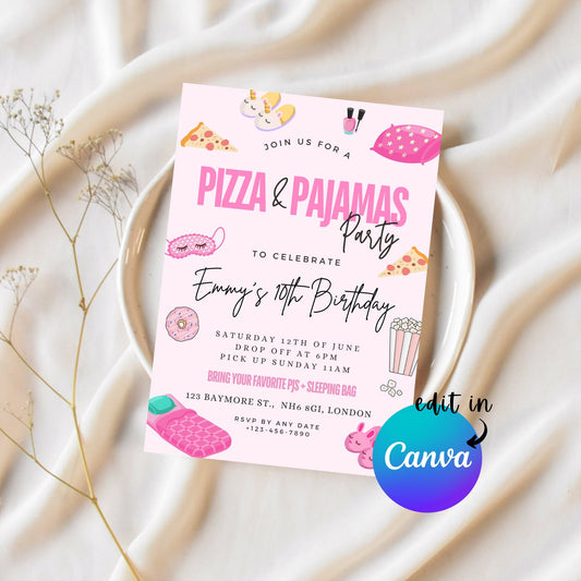 EDITABLE Pizza and PJs Party Birthday Invitation, Sleepover Birthday Party, Pyjamas party invite, Pink slumber party Instant Download, I0014