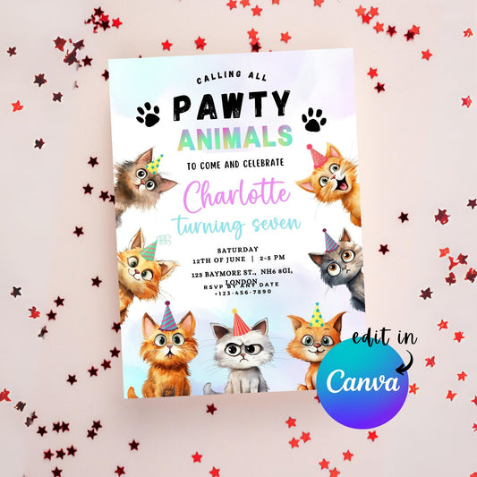 EDITABLE Pawty Animals Birthday Invitation, Cat Birthday Party, Kitten Party Invite, Cat Invitation, Kitty Cat Invite Instant Download I0016