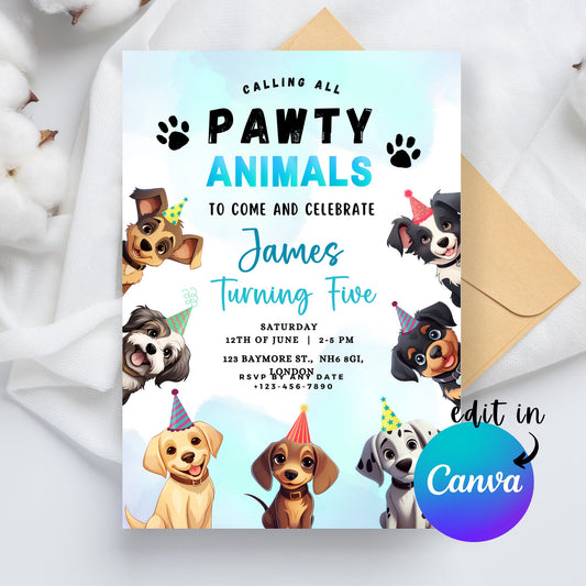 EDITABLE Pawty Animals Birthday Invitation, Dog Birthday Party, Puppy Party Invite, Dog Invitation Puppy party Invite Instant Download I0020