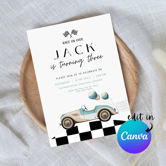 EDITABLE Retro Checkered Third Race Car Birthday Invitation, 3rd Race car birthday invite, Third birthday invitation, Instant Download