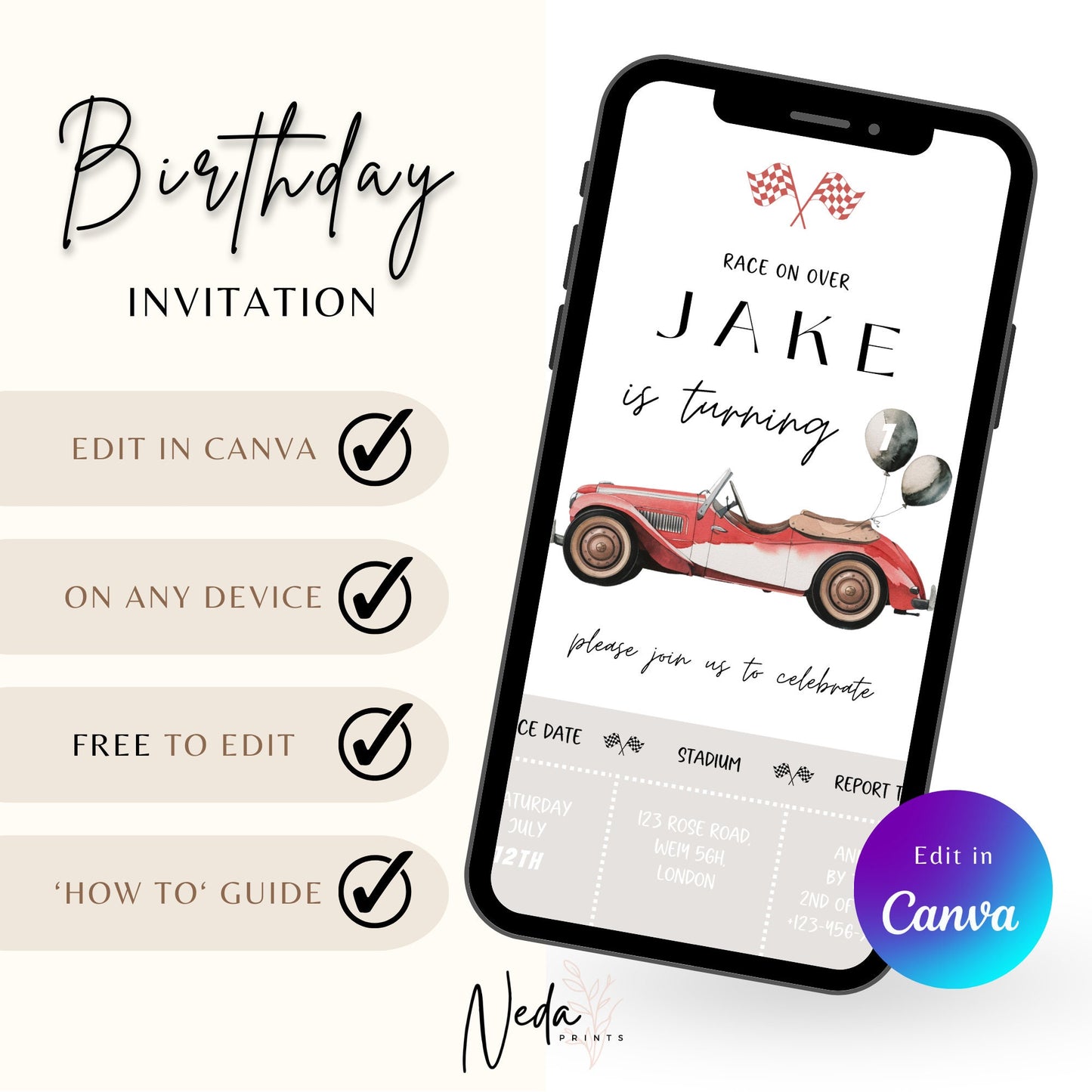 EDITABLE Retro Checkered Red Race Car Birthday Invitation, 1st 2nd 3rd Race car birthday invite First Second Third Birthday Instant Download