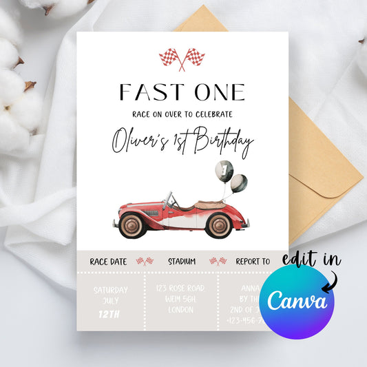 EDITABLE Retro Checkered Red Race Car Birthday Invitation, 1st Race car birthday invite Fast one invitation First Birthday Instant Download