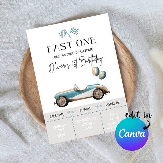 EDITABLE Retro Blue Fast One Race Car Birthday Invitation, 1st Race car birthday invite, Fast one invitation First Birthday Instant Download