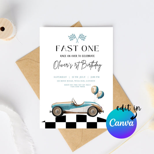 EDITABLE Retro Checkered Blue Fast One Birthday Invitation, 1st Race car birthday invite Fast one invitation First Birthday Instant Download