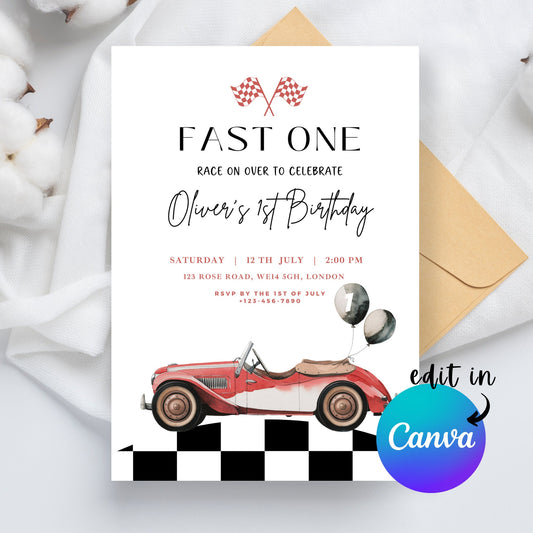 EDITABLE Retro Checkered Red Fast One Birthday Invitation, 1st Race car birthday invite Fast one invitation First Birthday Instant Download