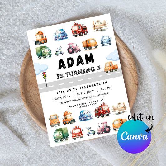 EDITABLE Vehicle Cars Traffic Birthday Party, Cars Birthday, Train Birthday Transportation Birthday Invitation Truck Invite Instant Download