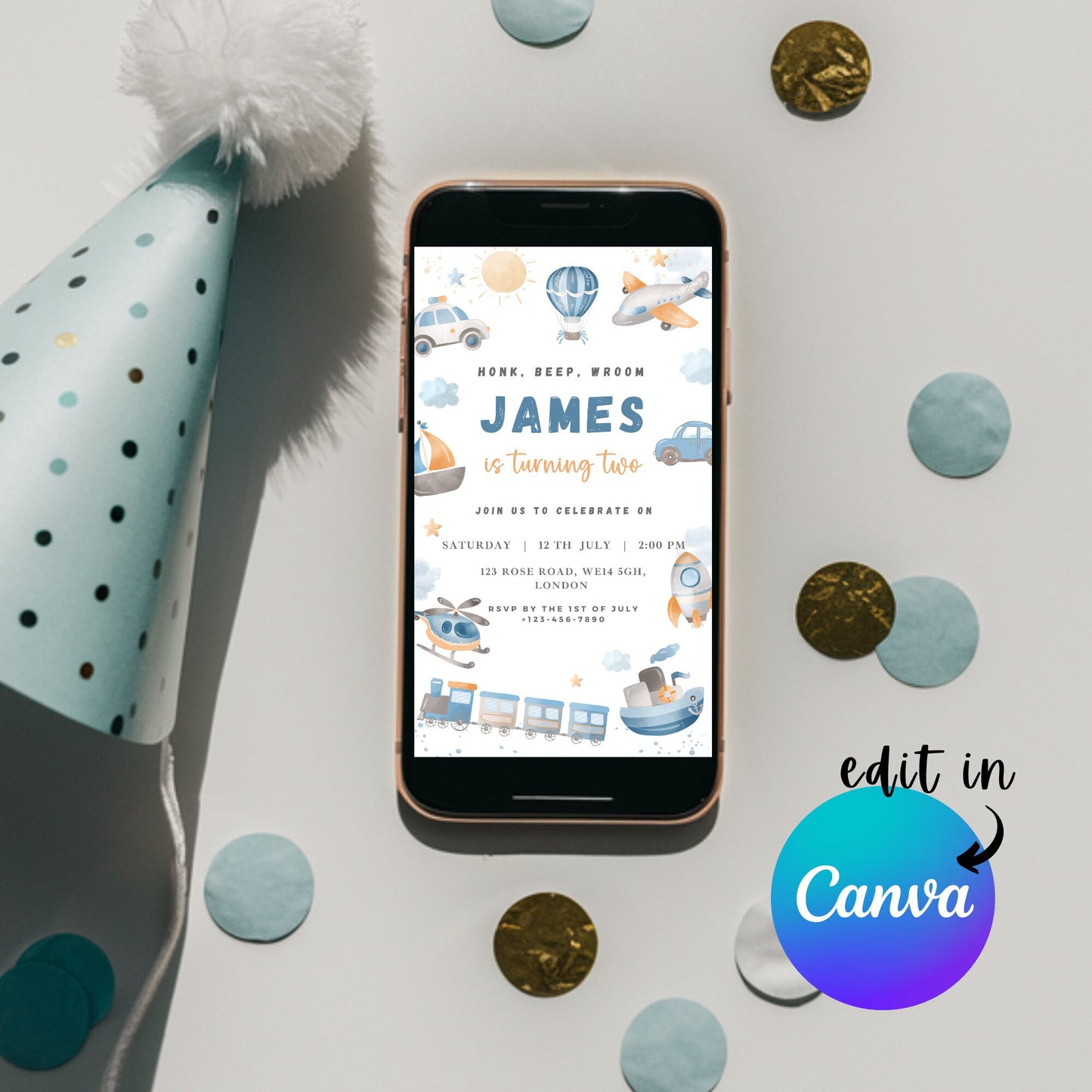 EDITABLE Blue Transportation Birthday Party, Cars Birthday, Train Birthday, Transport Birthday Invitation, Truck Invite, Instant Download