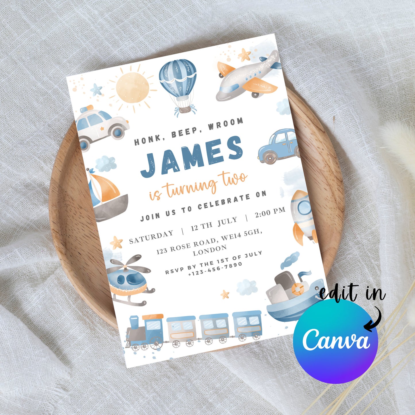 EDITABLE Blue Transportation Birthday Party, Cars Birthday, Train Birthday, Transport Birthday Invitation, Truck Invite, Instant Download