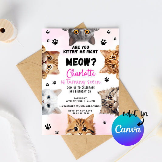 EDITABLE Kitten Me Birthday Invitation, Cat Birthday Party, Kitten Party Invite, Cat Invitation, Kitty Cat Invite Instant Download I0024