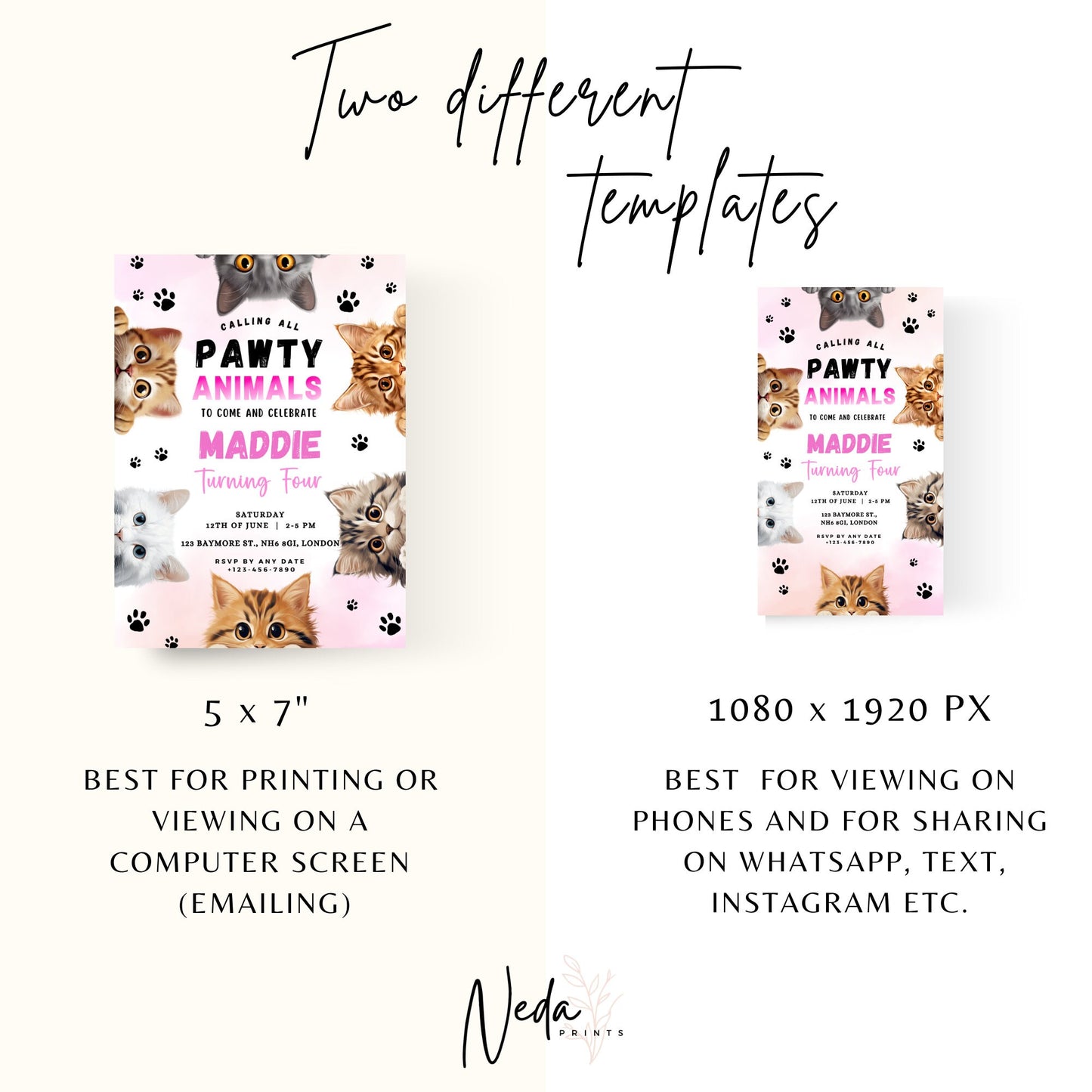 EDITABLE Pawty Animals Birthday Invitation, Cat Birthday Party, Kitten Party Invite, Cat Invitation, Kitty Cat Invite Instant Download I0025