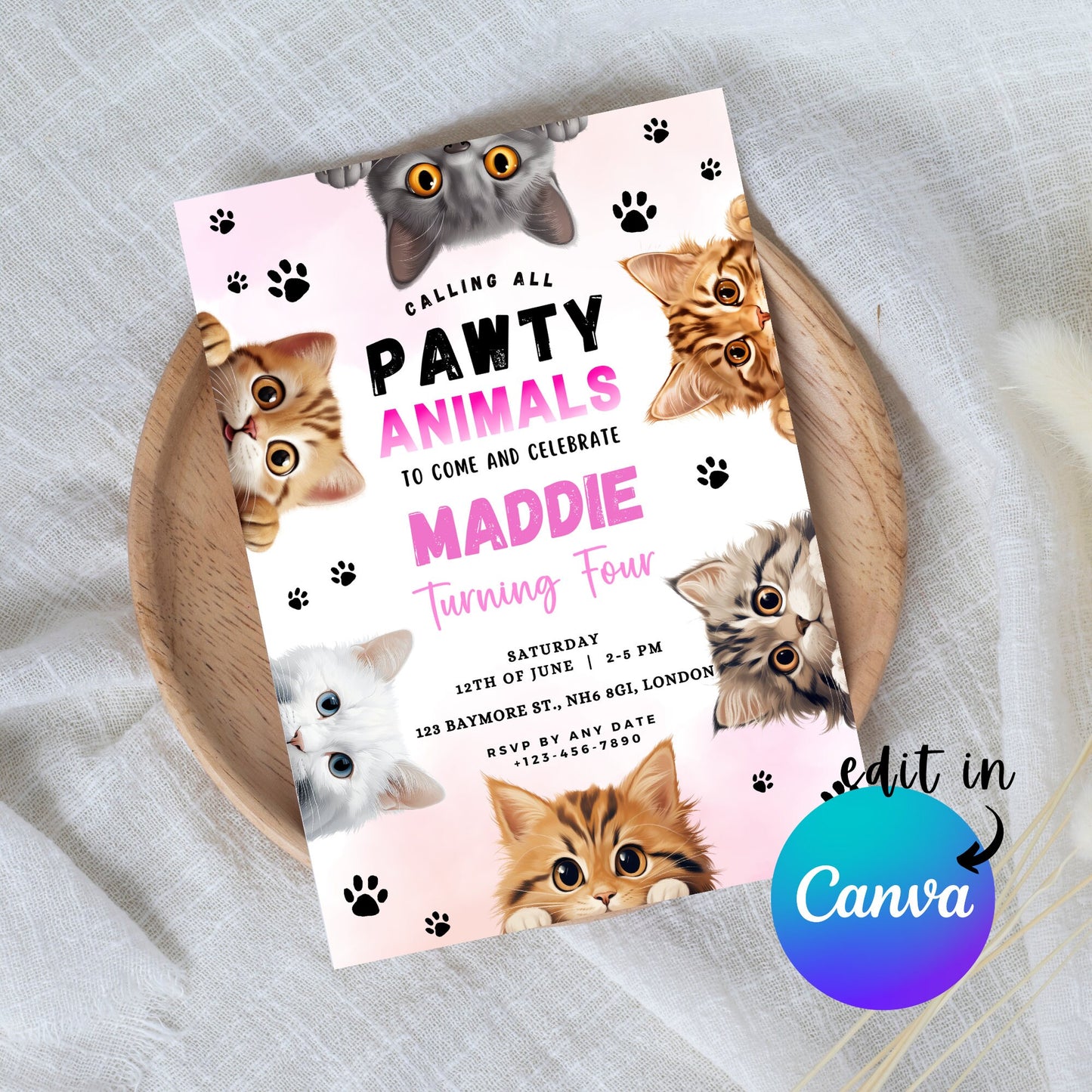 EDITABLE Pawty Animals Birthday Invitation, Cat Birthday Party, Kitten Party Invite, Cat Invitation, Kitty Cat Invite Instant Download I0025