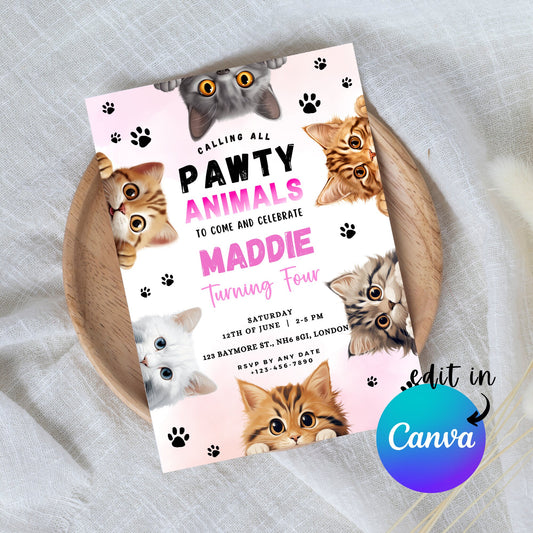 EDITABLE Pawty Animals Birthday Invitation, Cat Birthday Party, Kitten Party Invite, Cat Invitation, Kitty Cat Invite Instant Download I0025