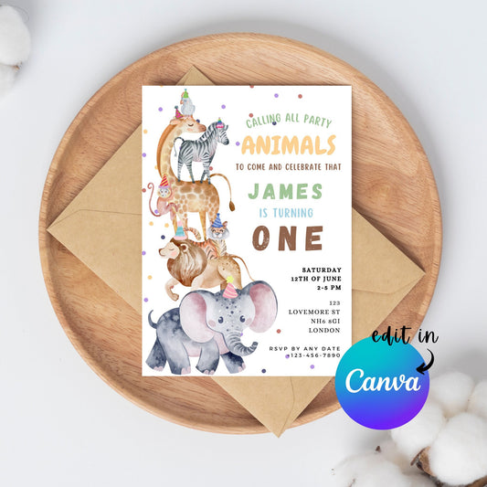 EDITABLE Calling All Party Animals Birthday Invitation, Safari Birthday Invitation, Jungle Birthday Invite, Instant Template Download, I0028