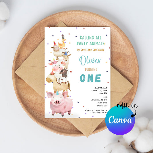 EDITABLE Calling All Party Animals Birthday Invitation, Farm Animal Birthday Invitation, Barnyard Birthday Invite, Instant Download, I0031