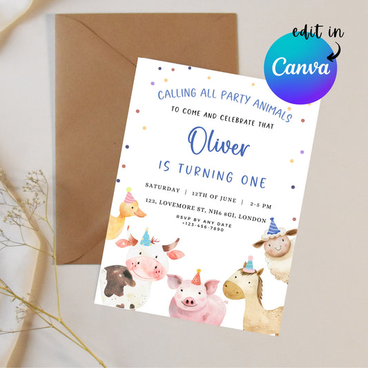 EDITABLE Calling All Party Animals Birthday Invitation, Farm Animal Birthday Invitation, Barnyard Birthday Invite, Instant Download, I0033