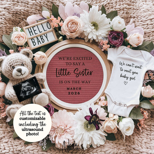 EDITABLE A Little Sister Pregnancy Announcement Digital, Girl Baby Announcement Pregnancy Reveal Customizable Social Media Announcement 0178