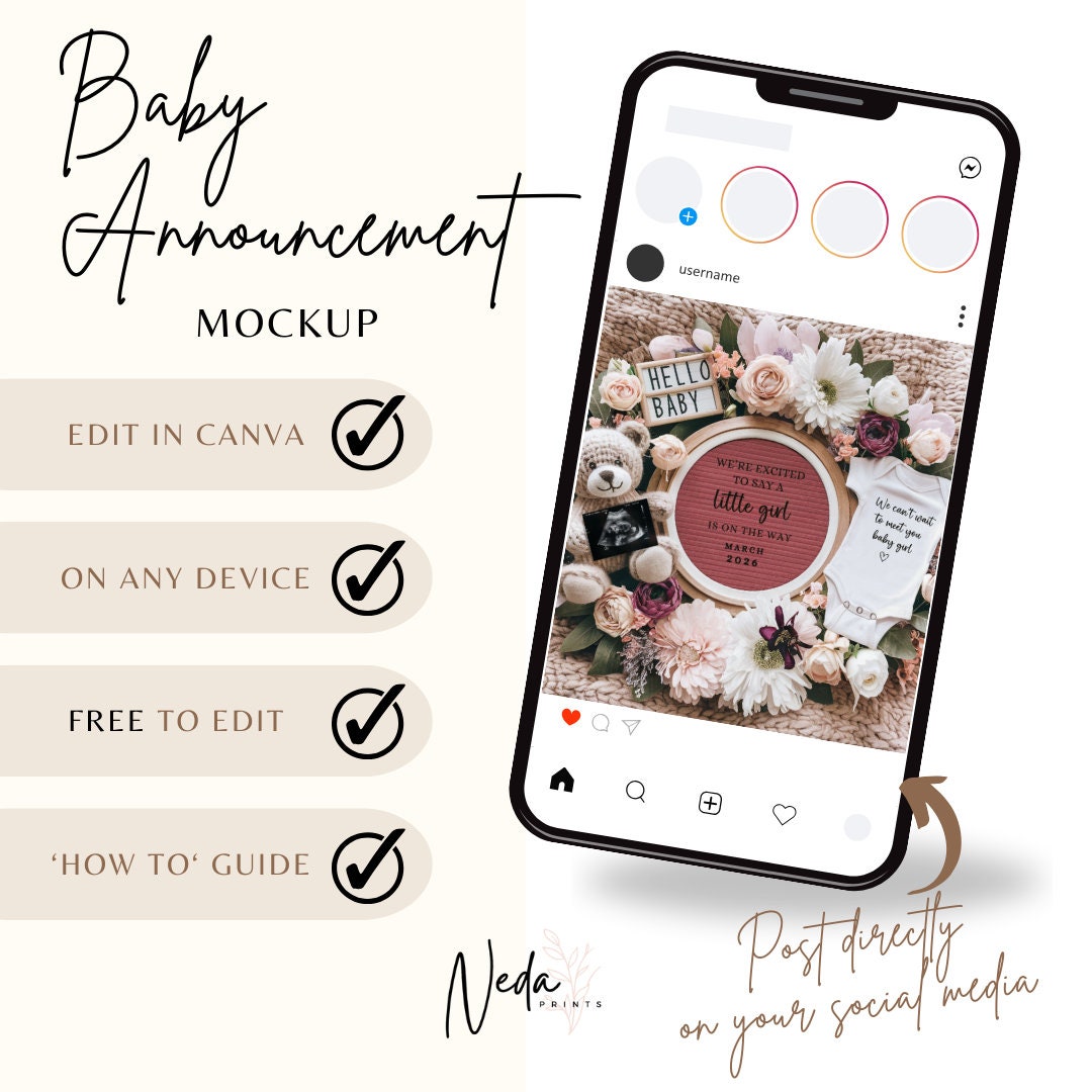 EDITABLE Girl Pregnancy Announcement Digital, Baby Girl announcement, pregnancy reveal, Customizable Social media announcement Download 0179