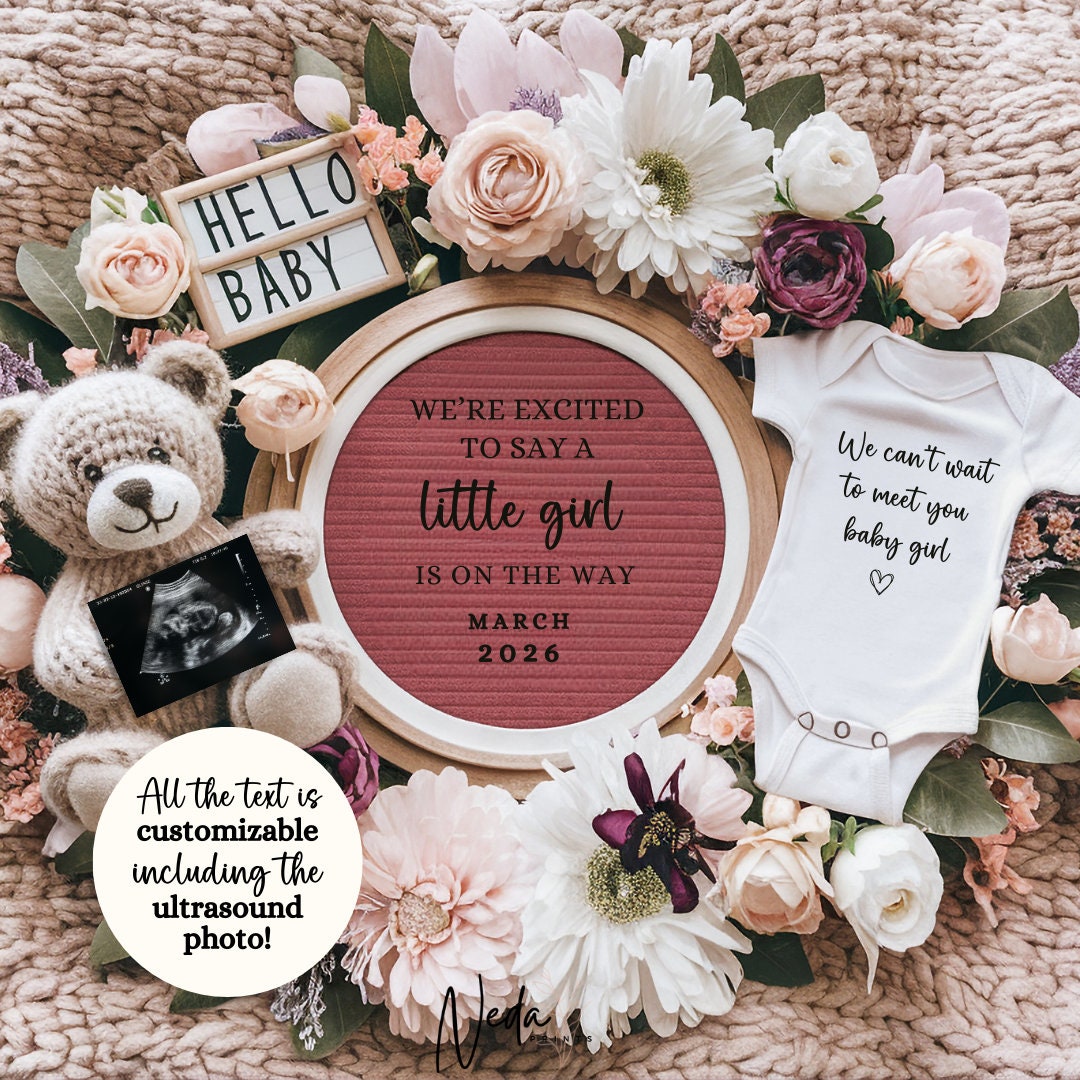EDITABLE Girl Pregnancy Announcement Digital, Baby Girl announcement, pregnancy reveal, Customizable Social media announcement Download 0179