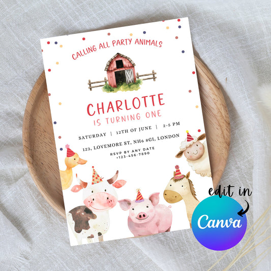 EDITABLE Calling All Party Animals Birthday Invitation, Farm Animal Birthday Invitation, Barnyard Birthday Invite, Instant Download, I0034