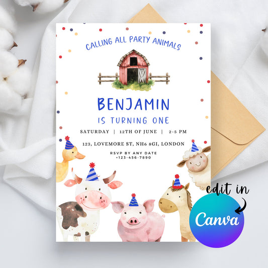 EDITABLE Calling All Party Animals Birthday Invitation, Farm Animal Birthday Invitation, Barnyard Birthday Invite, Instant Download, I0035
