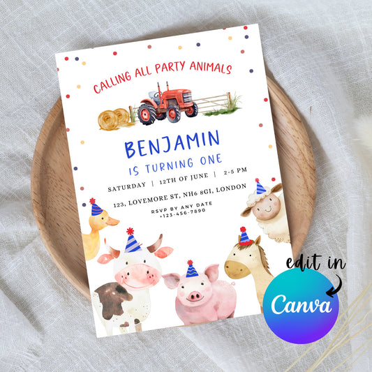 EDITABLE Tractor Boy Birthday Invitation, Farm Animal Birthday Invitation, Barnyard Birthday Invite, Party Animals, Instant Download, I0036