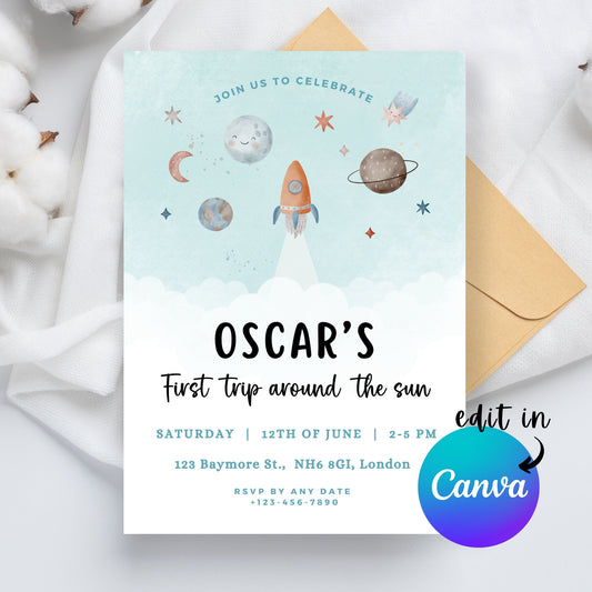 EDITABLE First Trip Around The Sun Birthday Invitation, Astronaut Invitation, Space 1st Birthday Invite Printable, Instant Download, I0004